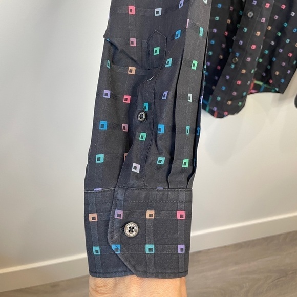 Bugatchi Black Classic Fit Multi-Color Square Print Button Up Short - Picture 2 of 7